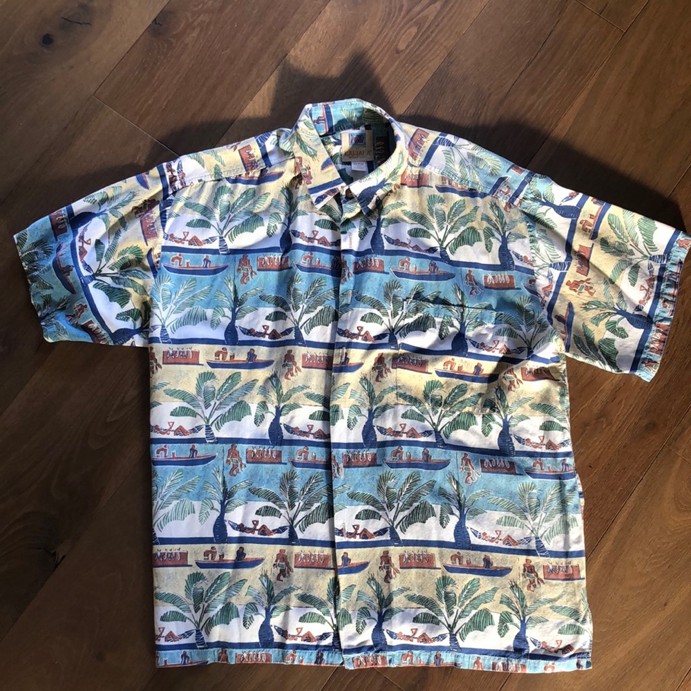 Blue and Green Casual Button Down Shirt with Tropical Print